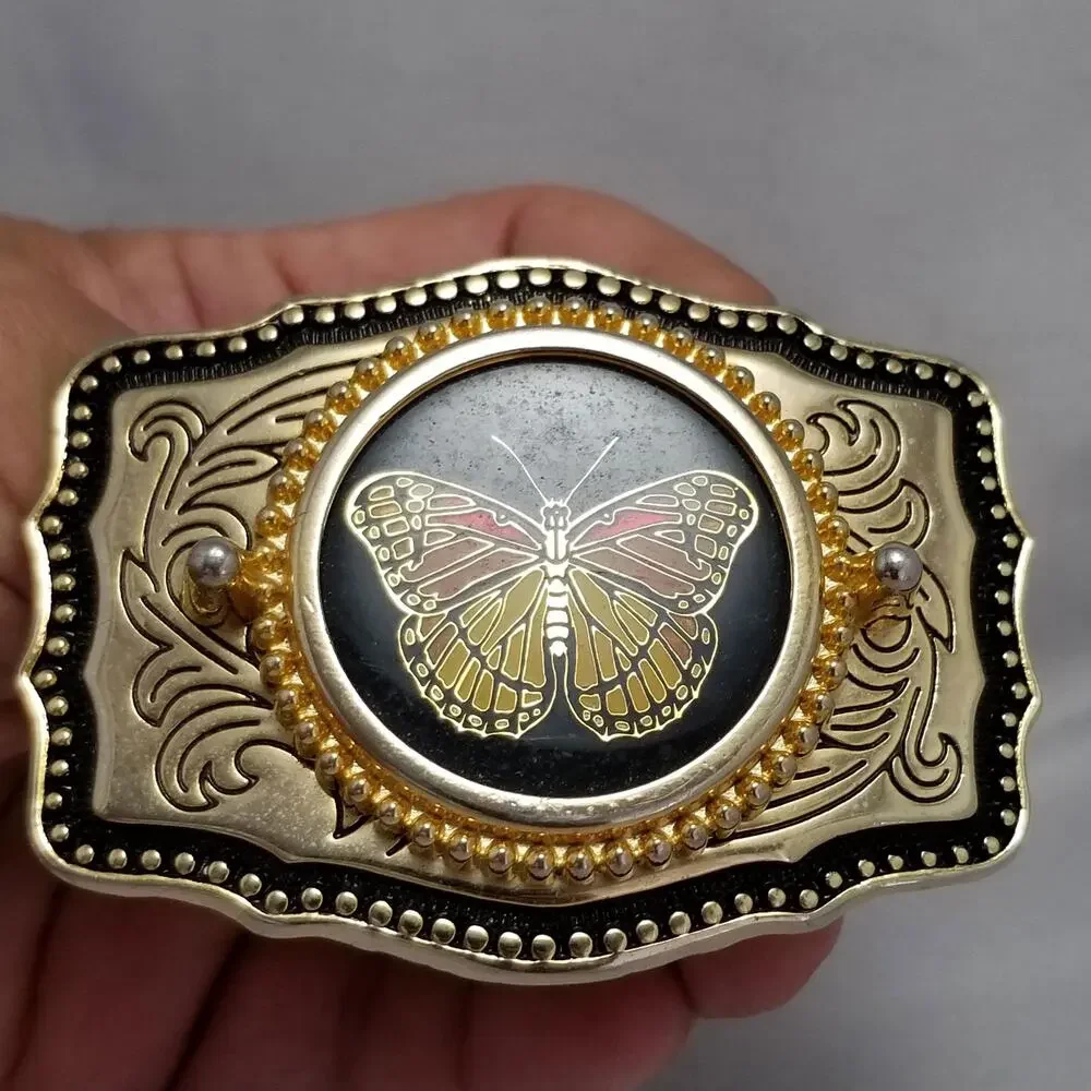 Vintage Belt Buckle Colorful Butterfly Gold Color Western‎ Filigree Made In USA